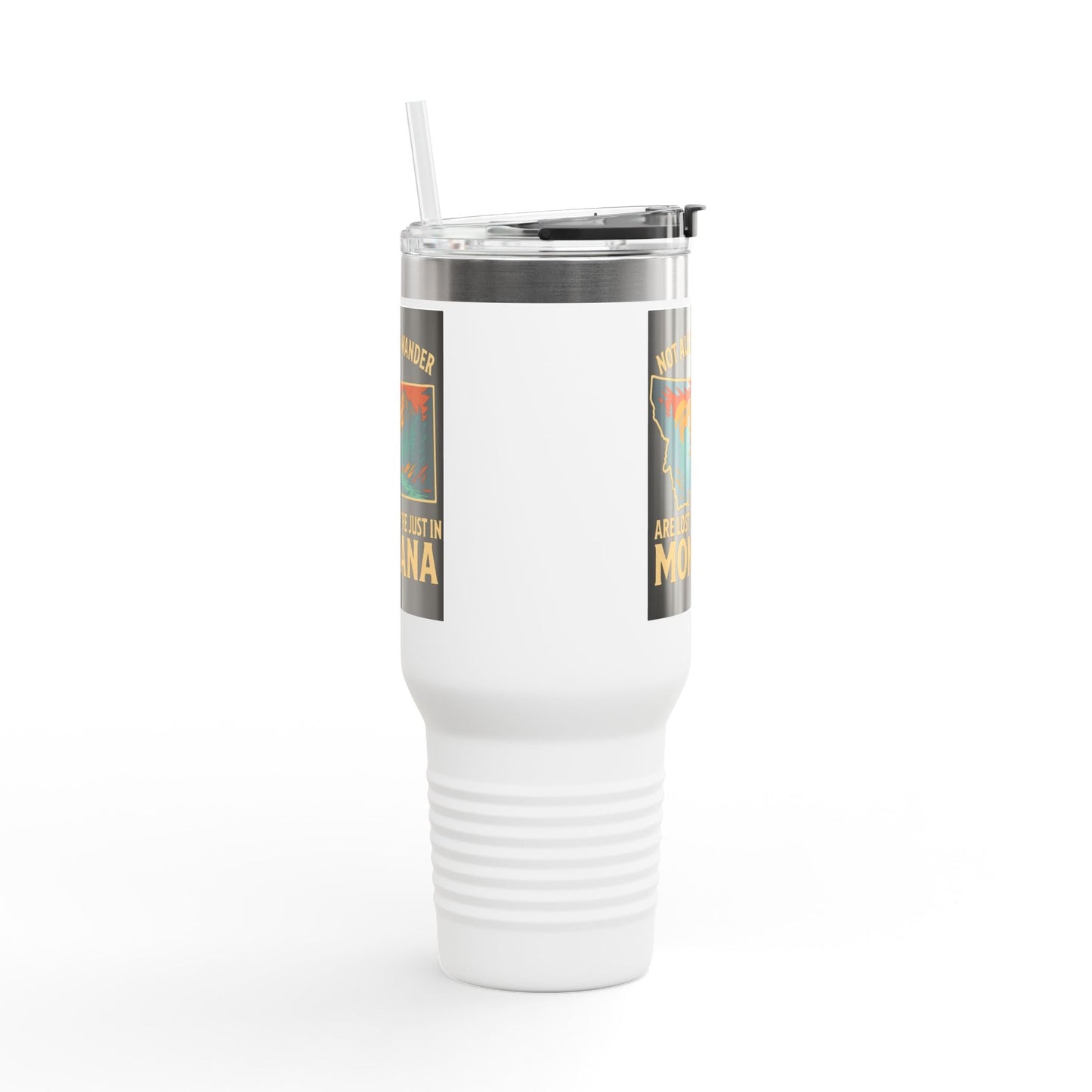 Large white Montana Adventure Mug featuring a rugged stainless steel design with a secure lid and straw.