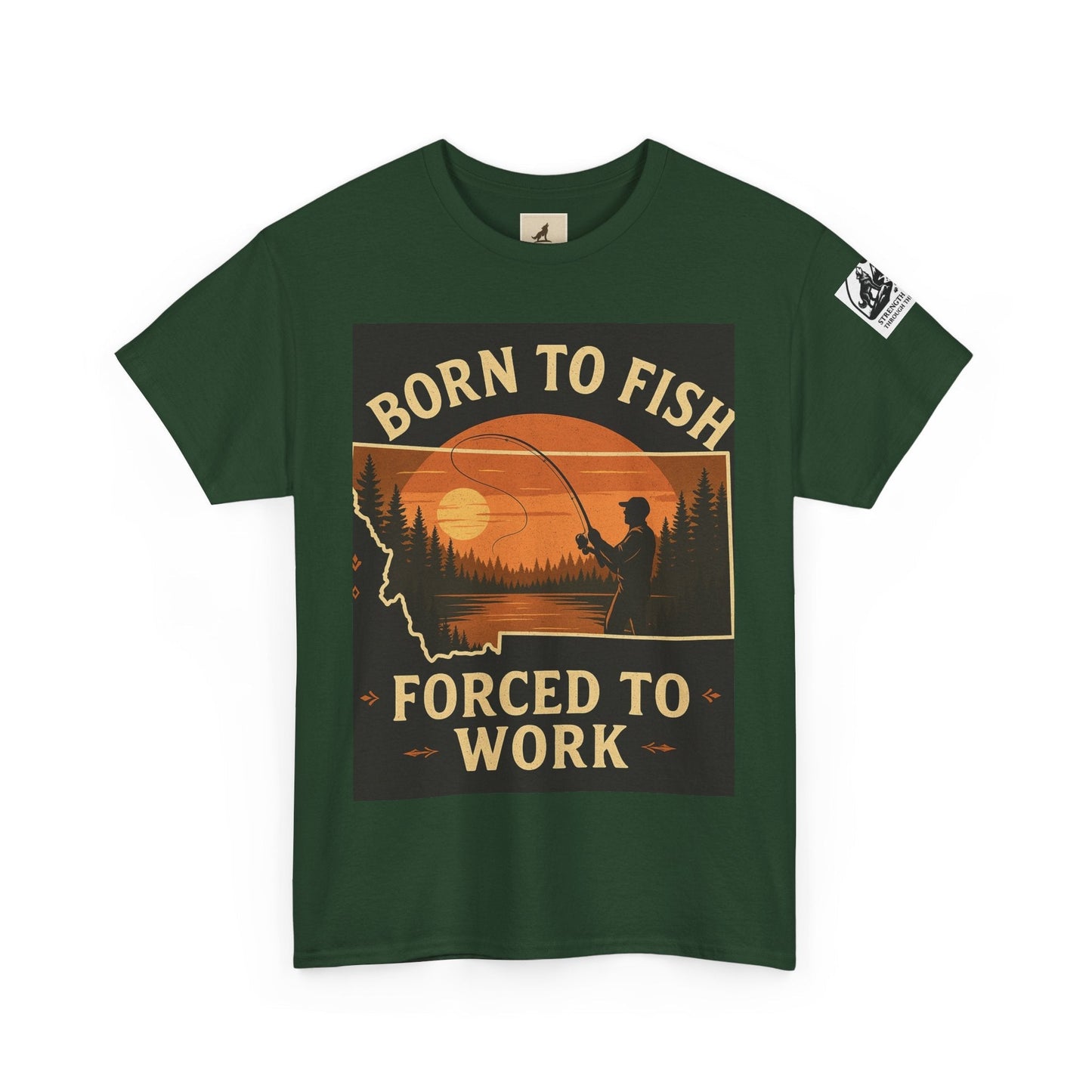 Montana Fishing Tee with "Born to Fish, Forced to Work" graphic for nature lovers.