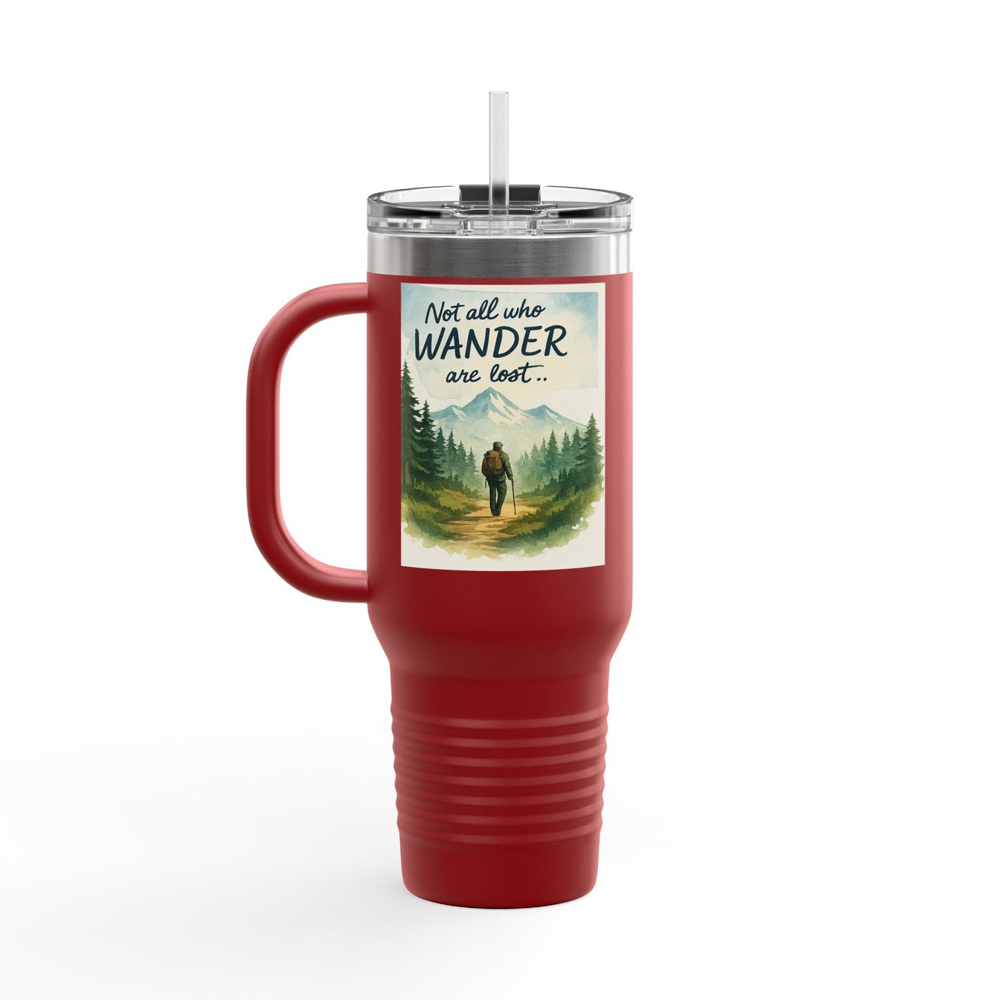 Red Montana 40oz Adventure Mug with handle, featuring wilderness design and clear spill-resistant lid.
