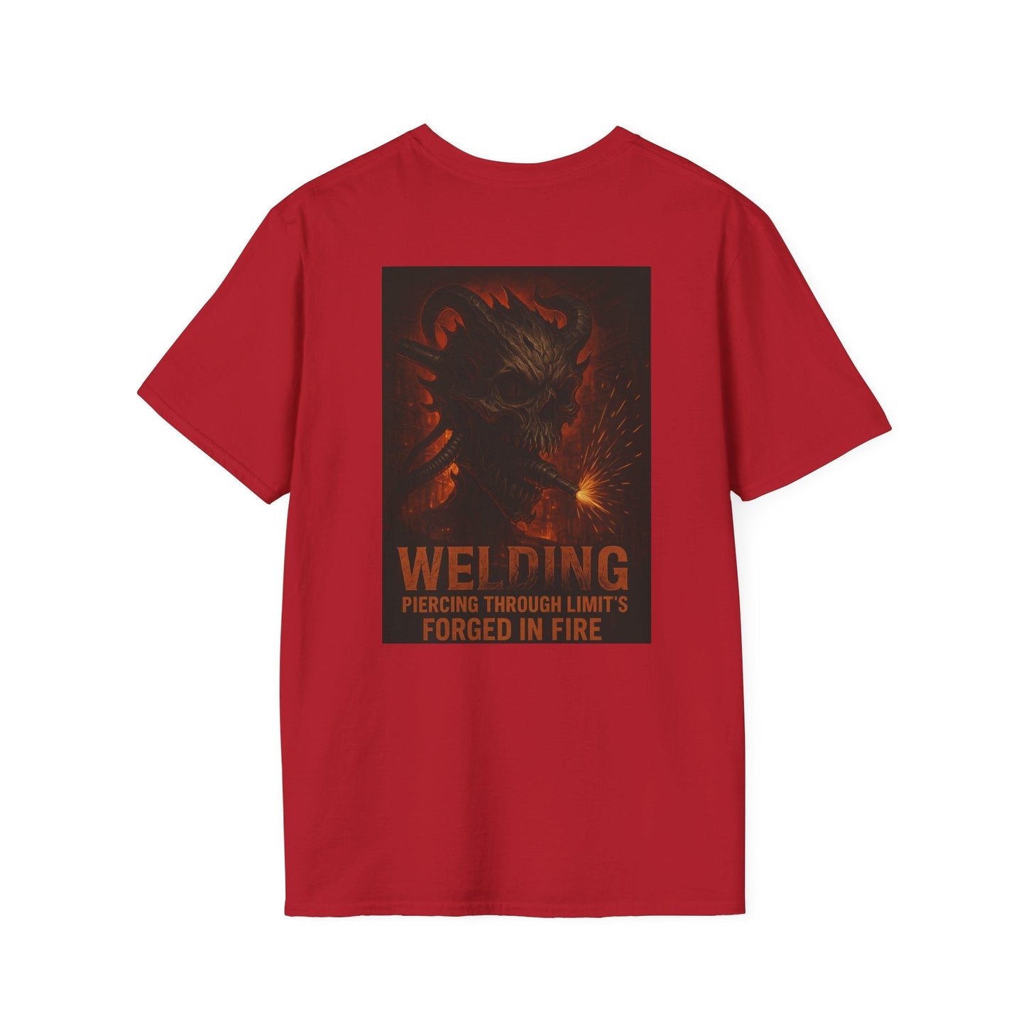Welding Gift T-Shirt with "Forged in Fire" graphic for metalworkers, red color.