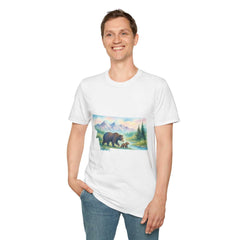 Nature lover wearing Montana Adventure Tee with vintage bear graphic and mountain scenery.