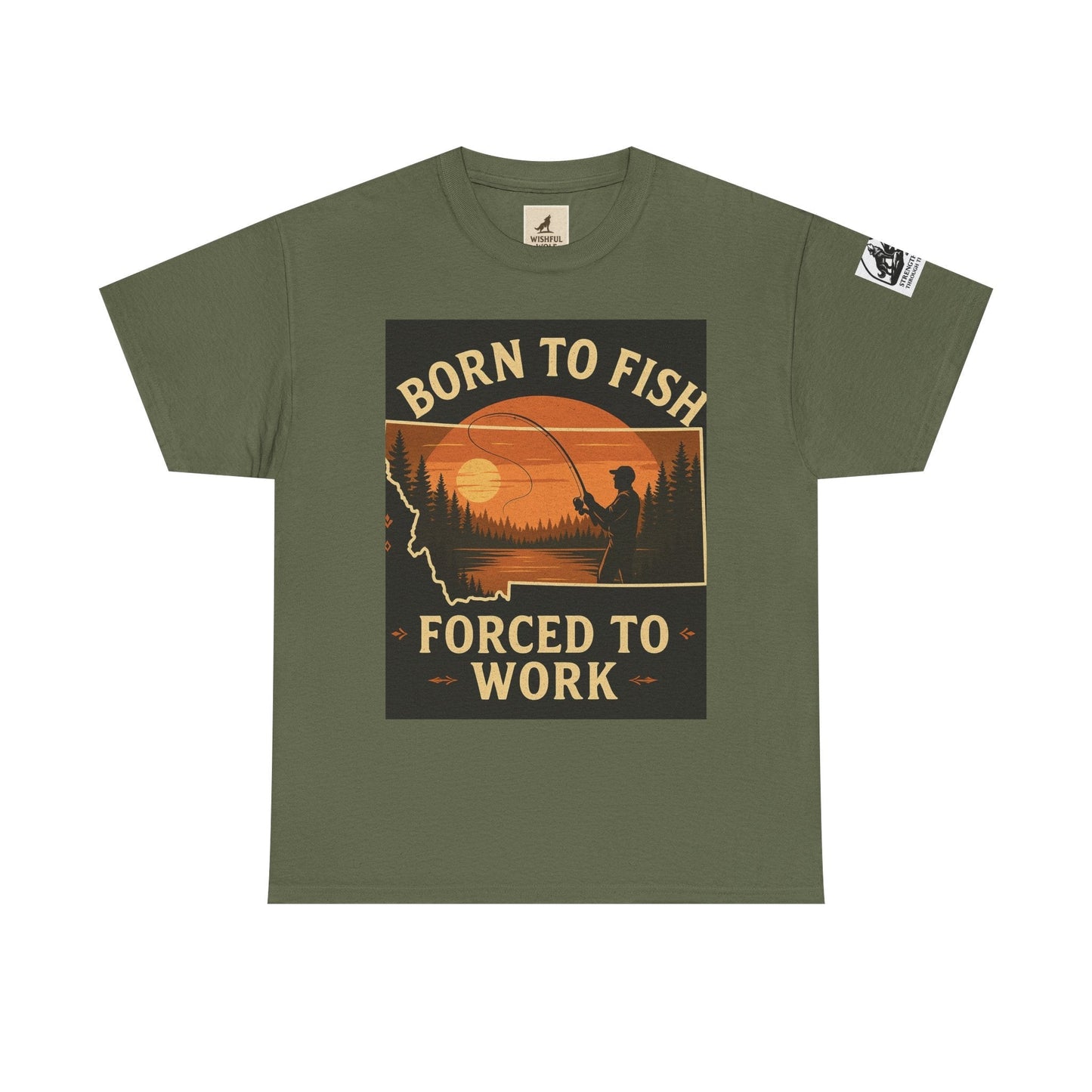 Montana Fishing Tee with "Born to Fish, Forced to Work" graphic, perfect for nature lovers.