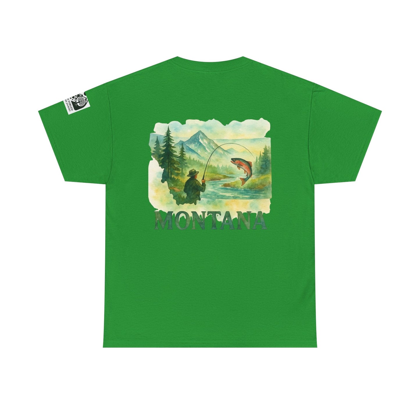 Montana Fishing Tee featuring graphic of angler fishing in nature, Gildan 5000 cotton, green shirt.