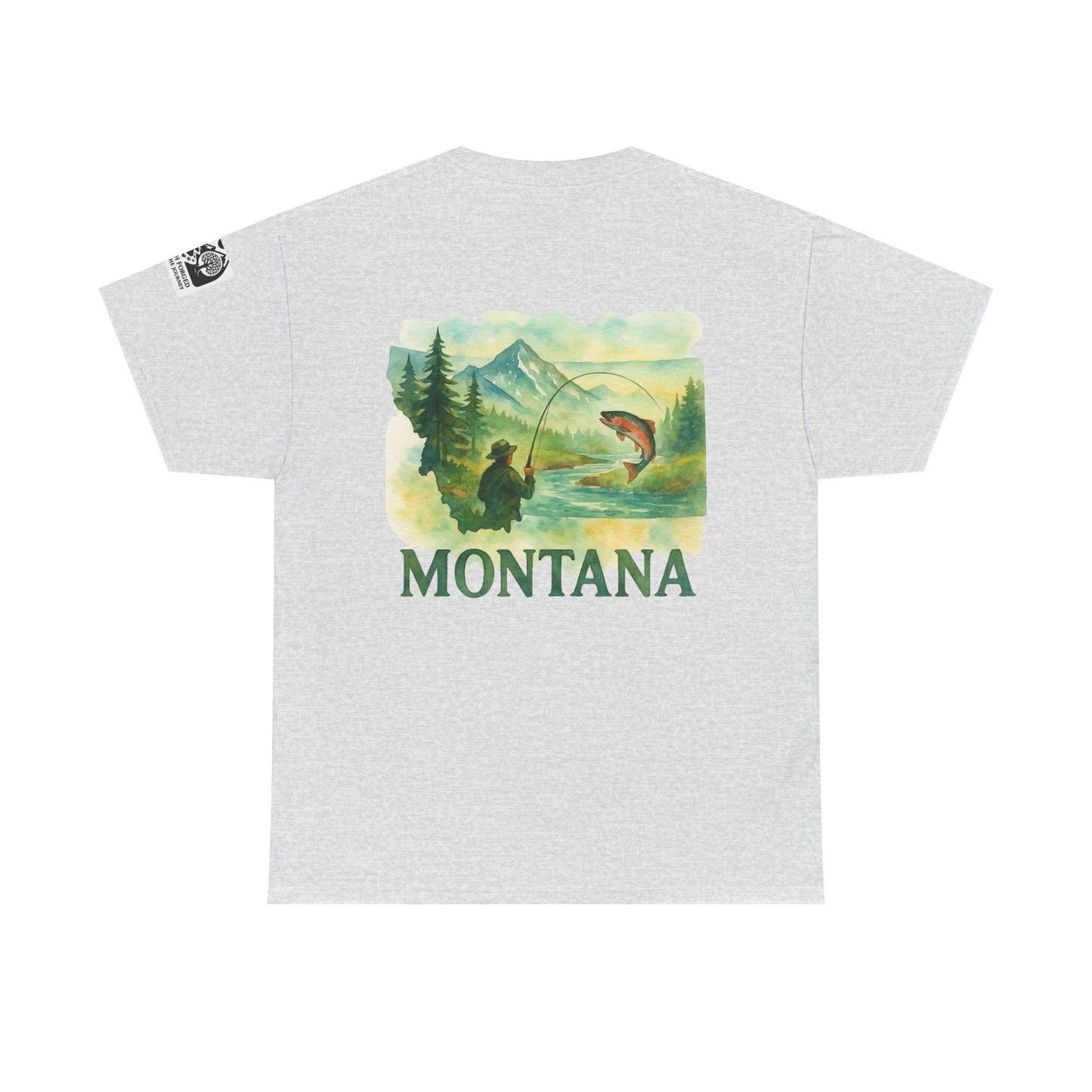 Montana Fishing Tee with graphic of angler in nature, perfect for fishing enthusiasts.