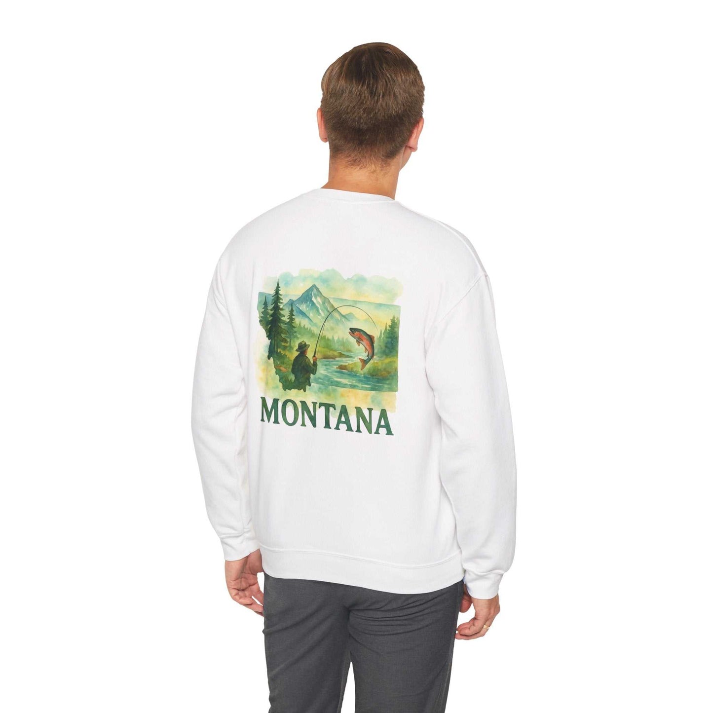 Born to Fish Sweatshirt with fishing scene design on back, ideal for anglers.