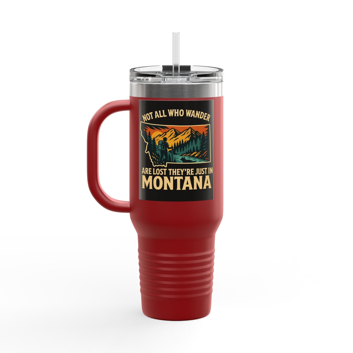 Large red Montana Adventure Mug with ergonomic handle and bold outdoor design, perfect for keeping drinks hot or cold on the go.