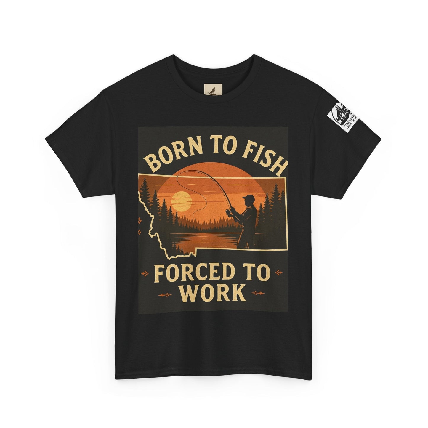 Montana Fishing Tee with "Born to Fish, Forced to Work" graphic, perfect for anglers and nature lovers.