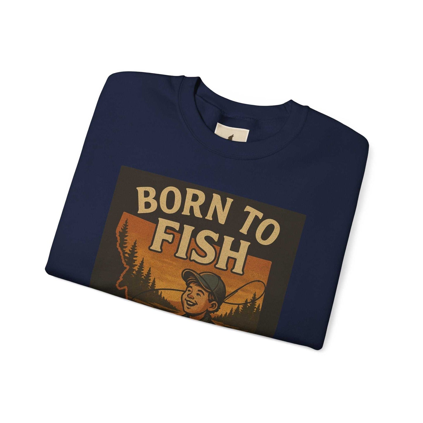 Born to Fish Sweatshirt with angler design, cozy navy crewneck.