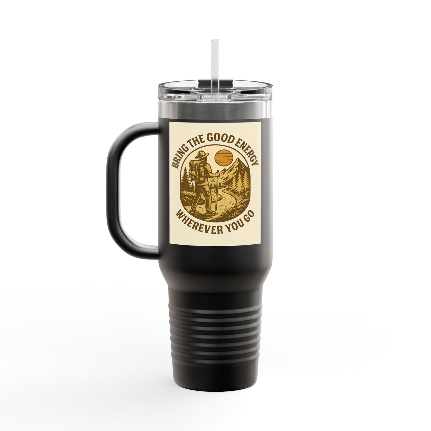 40oz insulated travel cup with handle and positive vibes design.