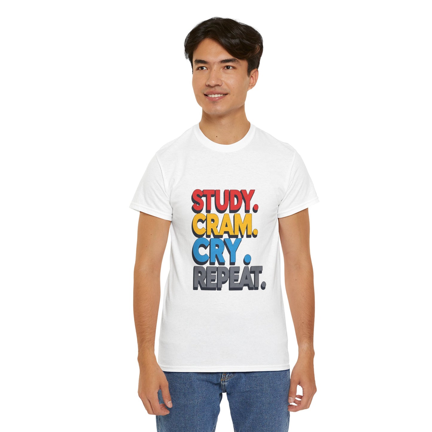 Study Cram Cry Repeat Tee, Unisex Heavy Cotton T-Shirt, Student Gift, College Humor Shirt, Exam Prep Apparel, Funny Study Tee