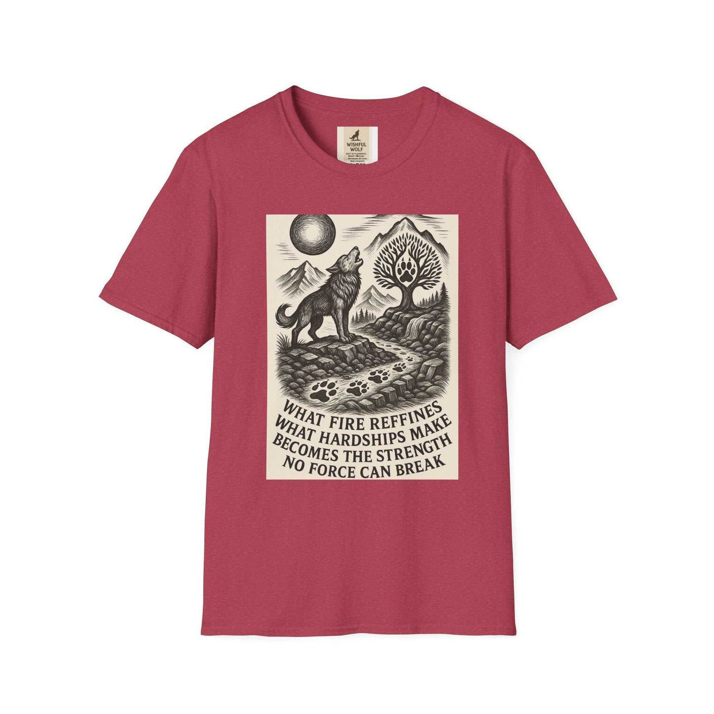 Inspirational Wolf T-Shirt with nature design and kindness message, featuring 100% cotton, ethically made for comfort and style.