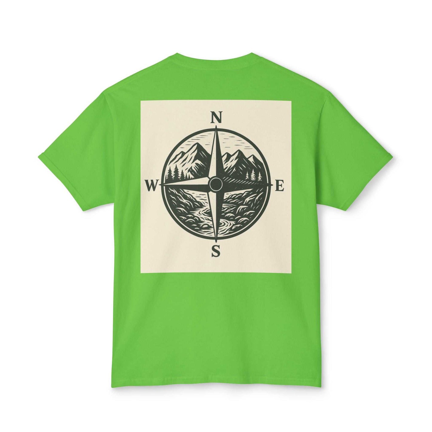 Green Montana Adventure Tee with compass design, nature-inspired softstyle for outdoor enthusiasts.