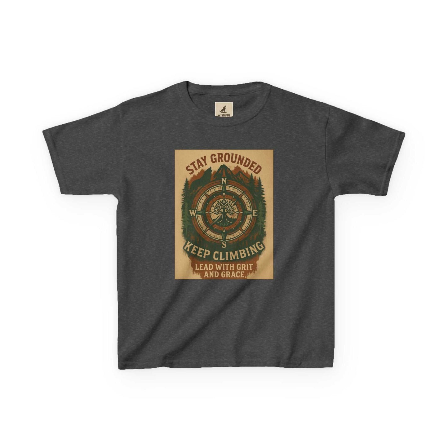 Adventure Kids Tee with "Stay Grounded & Keep Climbing" inspirational print, nature-inspired children’s t-shirt.