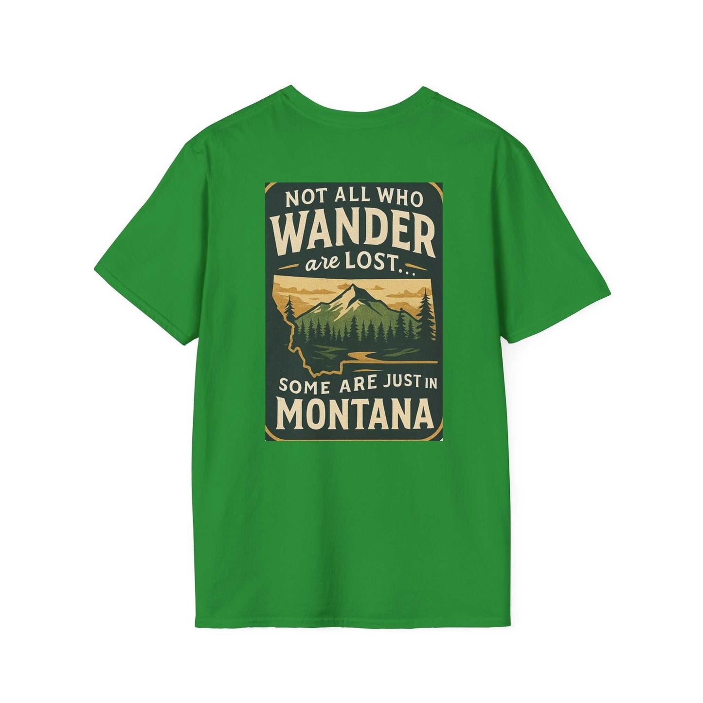 Montana Adventure Tee with wilderness graphic on green shirt; designed for nature lovers.