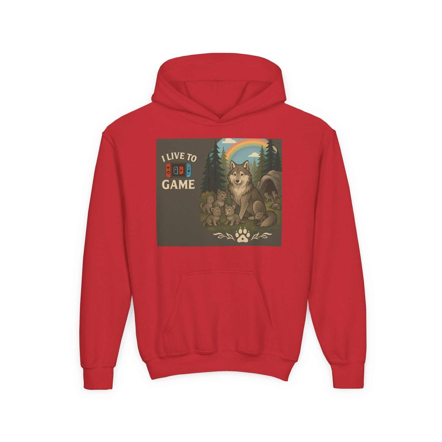 Red Youth Wildlife Hoodie with nature graphics and inspirational quote, featuring a warm kangaroo pocket.