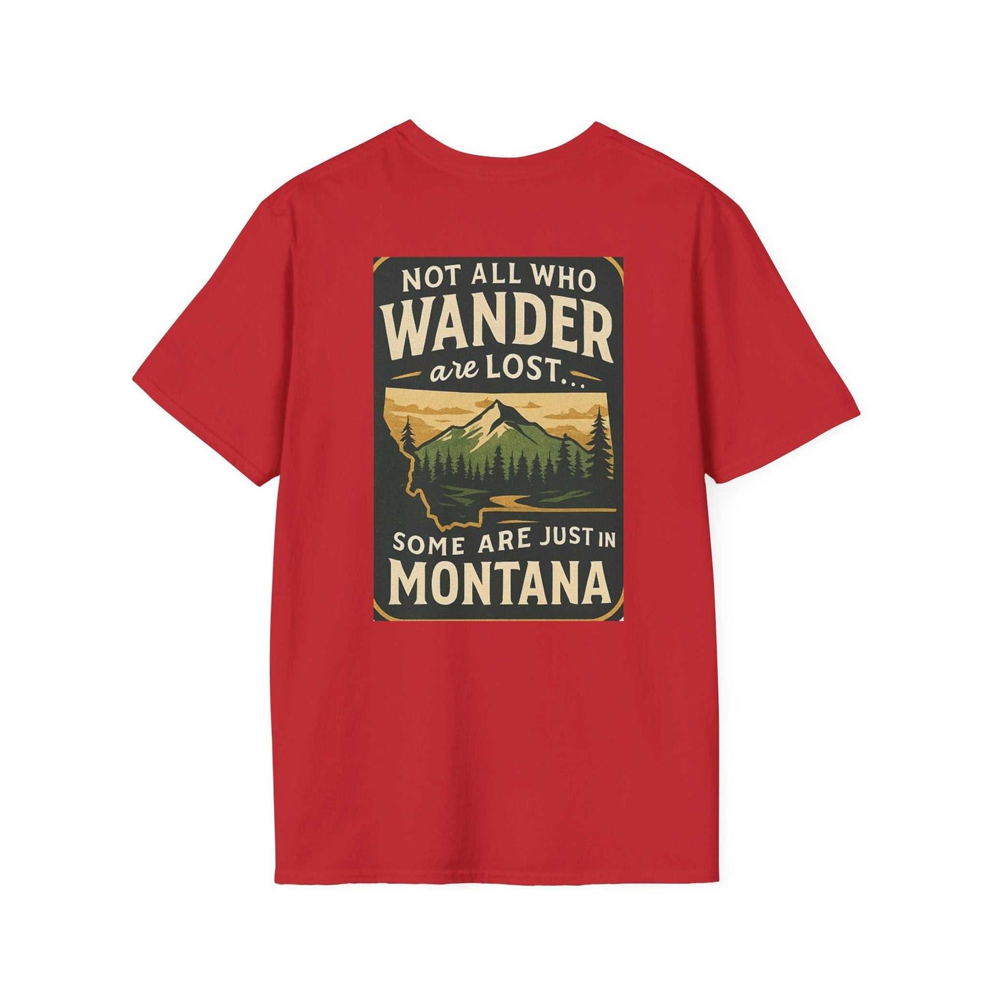 Red Montana Adventure Tee with wilderness graphic and text "Not all who wander are lost... Some are just in Montana," ideal for nature enthusiasts.