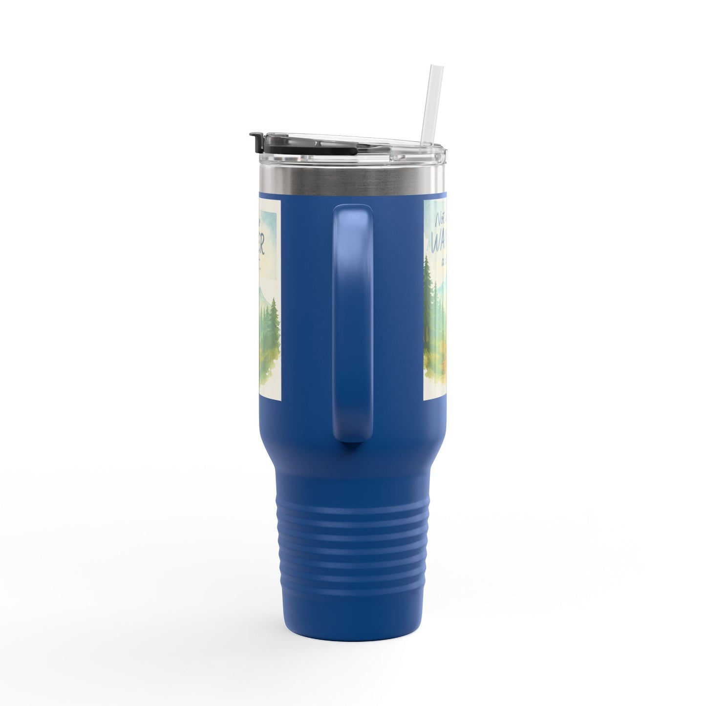 Blue Montana 40oz Adventure Mug with ergonomic handle and spill-resistant lid, perfect for outdoor enthusiasts and travel.