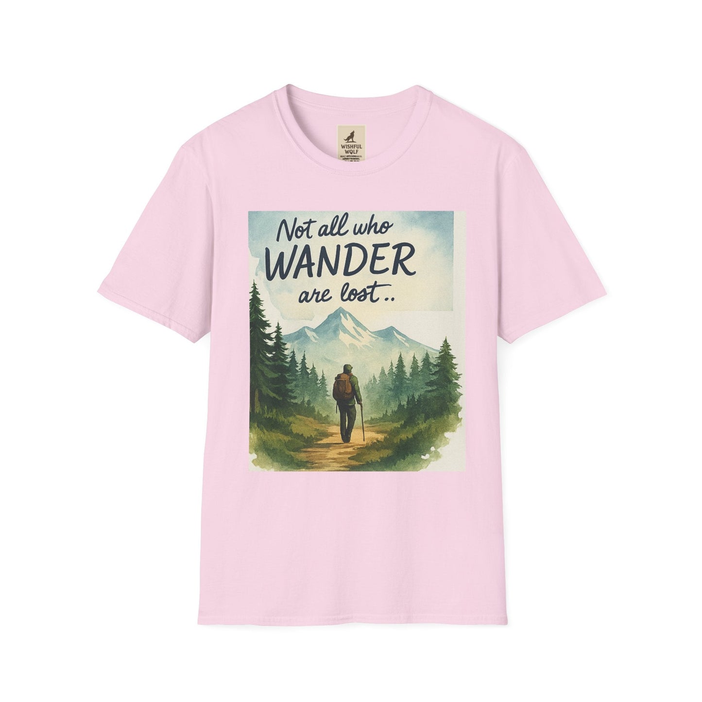 Montana-Inspired Adventure Tee showcasing a scenic mountain graphic and the phrase "Not all who wander are lost".