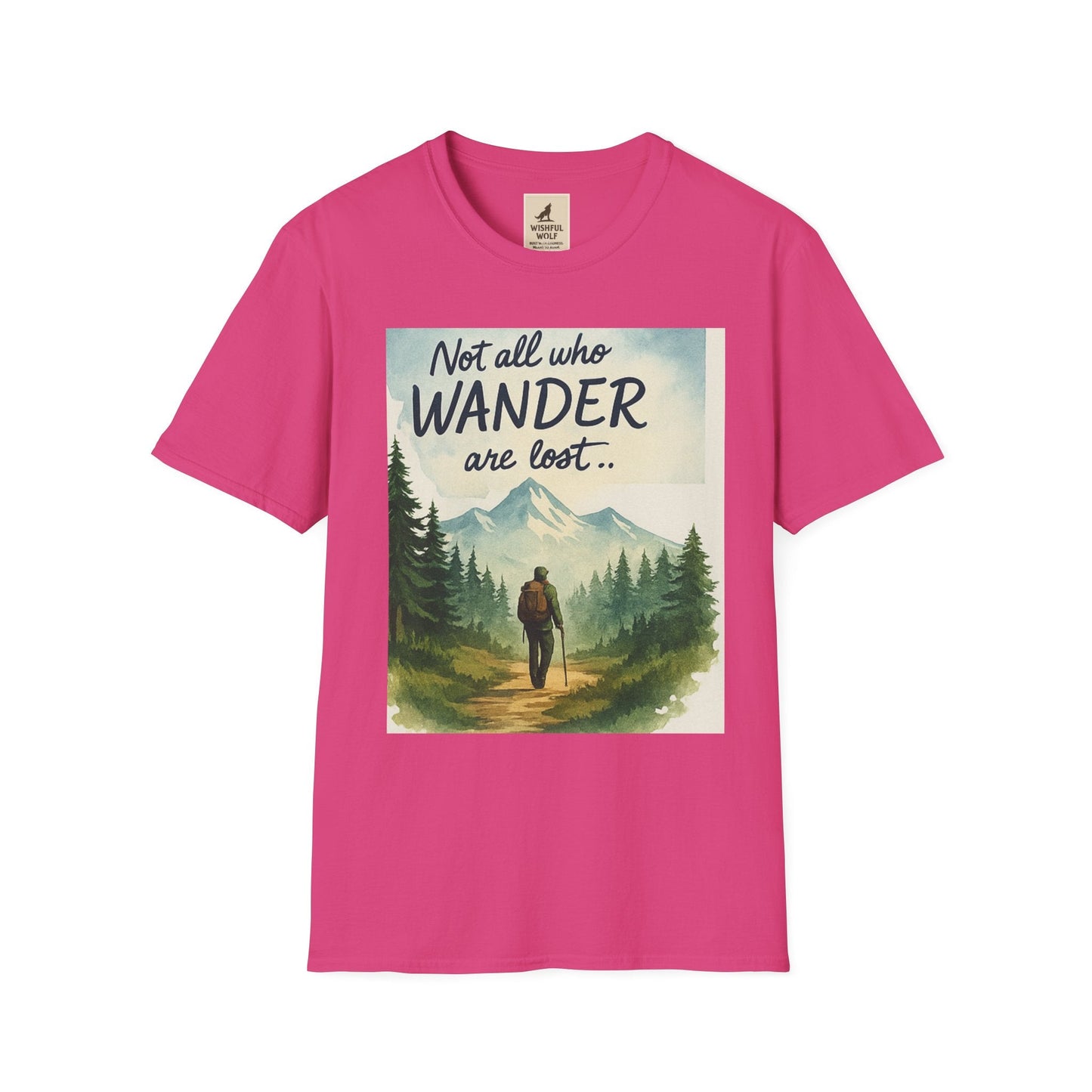 Montana-Inspired Adventure Tee with scenic graphic featuring mountains and forest, "Not all who wander are lost" slogan in pink.
