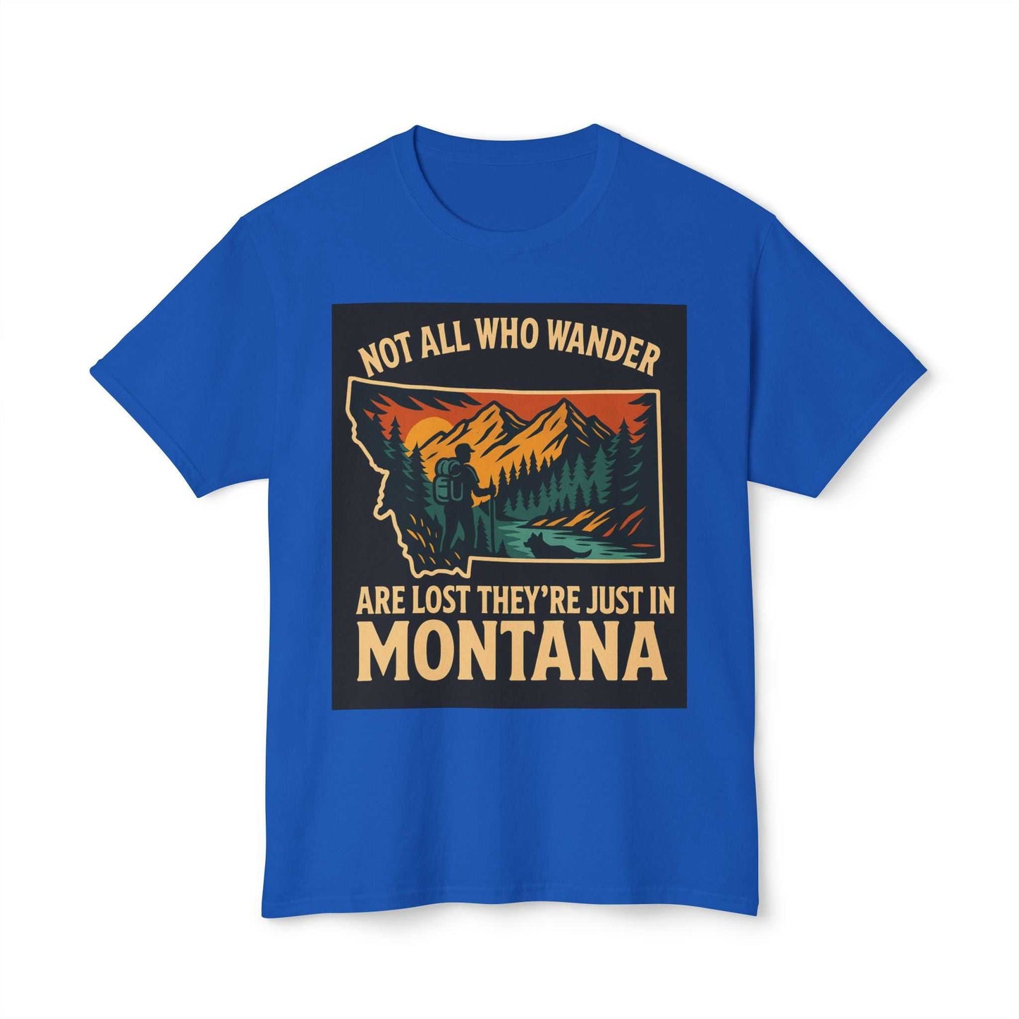 Blue Montana Adventure Tee with nature-inspired design, featuring a mountainous landscape promoting free spirit exploration.