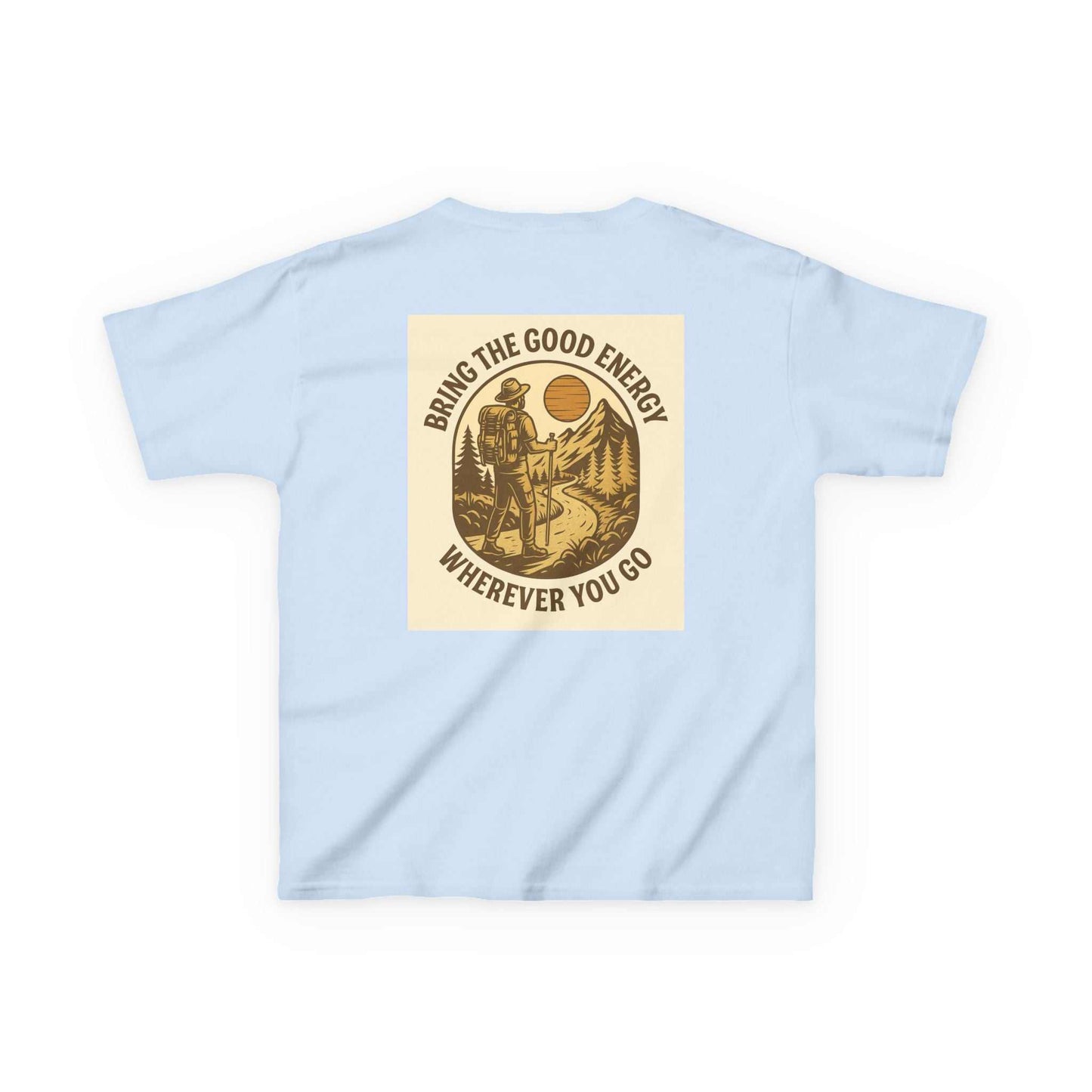 Light blue Adventure Kids Tee with motivational nature-inspired design and "Bring the Good Energy Wherever You Go" message on the back.