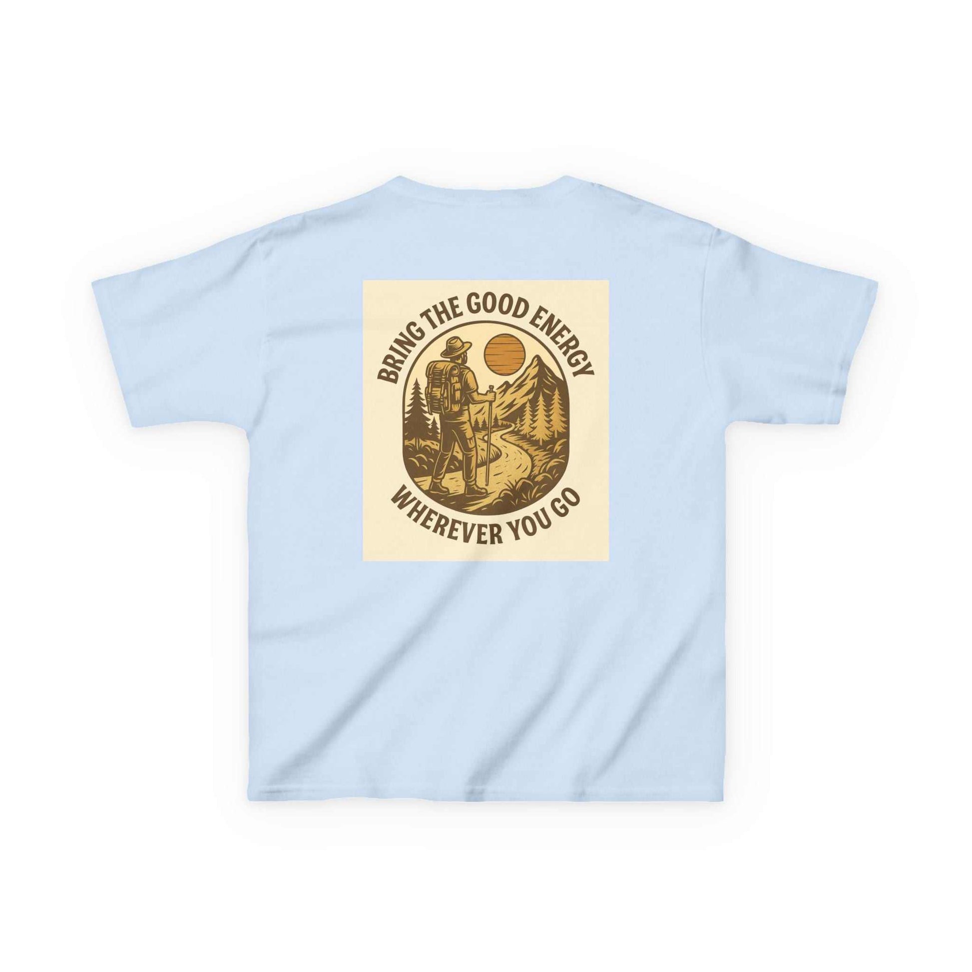 Light blue Adventure Kids Tee with motivational nature-inspired design and "Bring the Good Energy Wherever You Go" message on the back.
