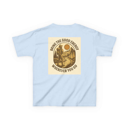 Light blue Adventure Kids Tee with motivational nature-inspired design and "Bring the Good Energy Wherever You Go" message on the back.