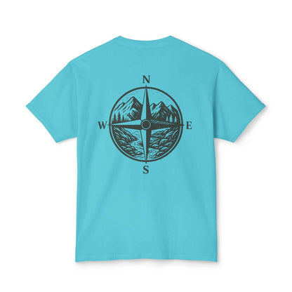 Blue Montana Adventure Tee featuring a nature-inspired compass design on the back, ideal for outdoor enthusiasts and explorers.
