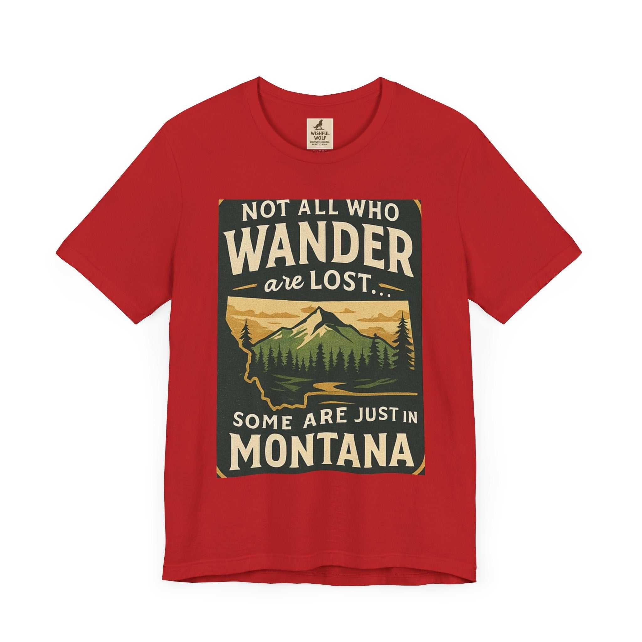 Red "Get Lost in Montana Tee" with scenic graphic and quote, ideal for outdoor enthusiasts and adventurers.