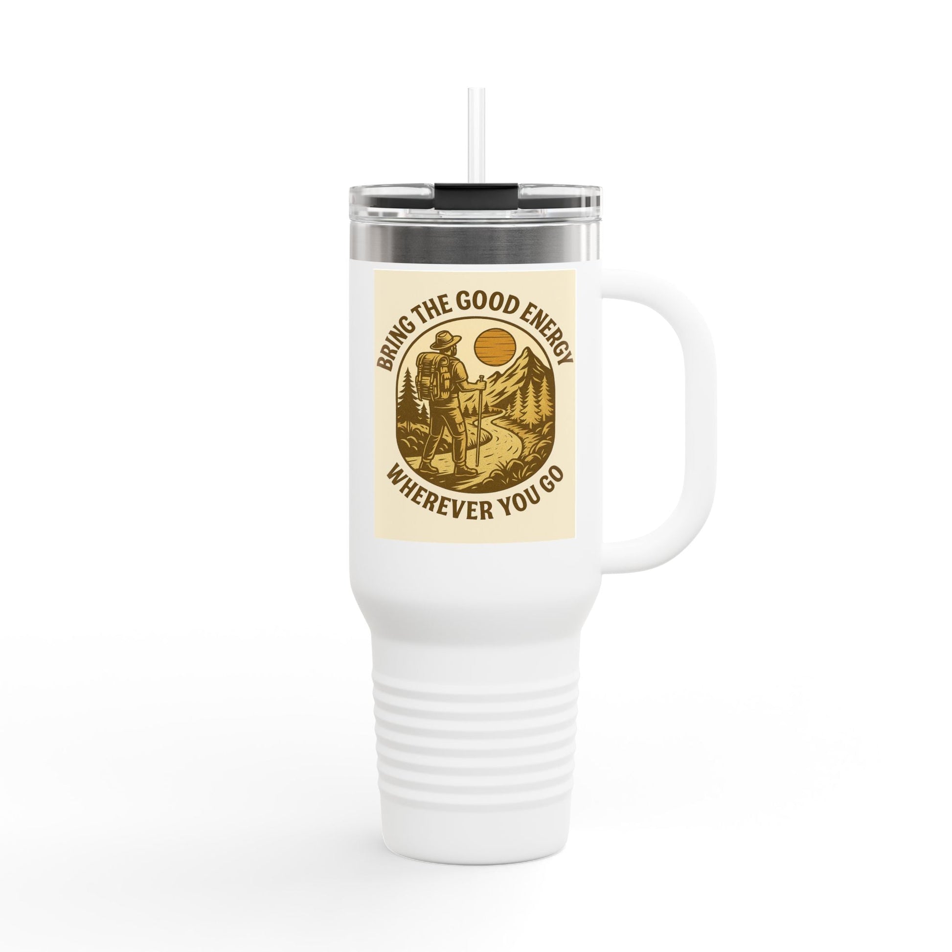 40oz insulated travel cup with positive vibes design, ergonomic handle and leak-resistant lid, "Good Energy Only Mug".
