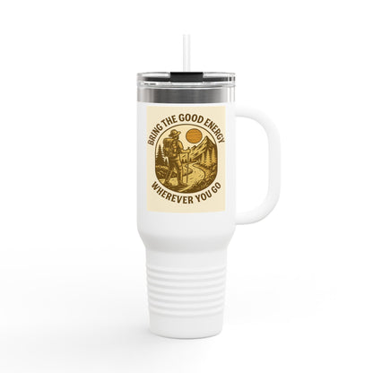 40oz insulated travel cup with positive vibes design, ergonomic handle and leak-resistant lid, "Good Energy Only Mug".