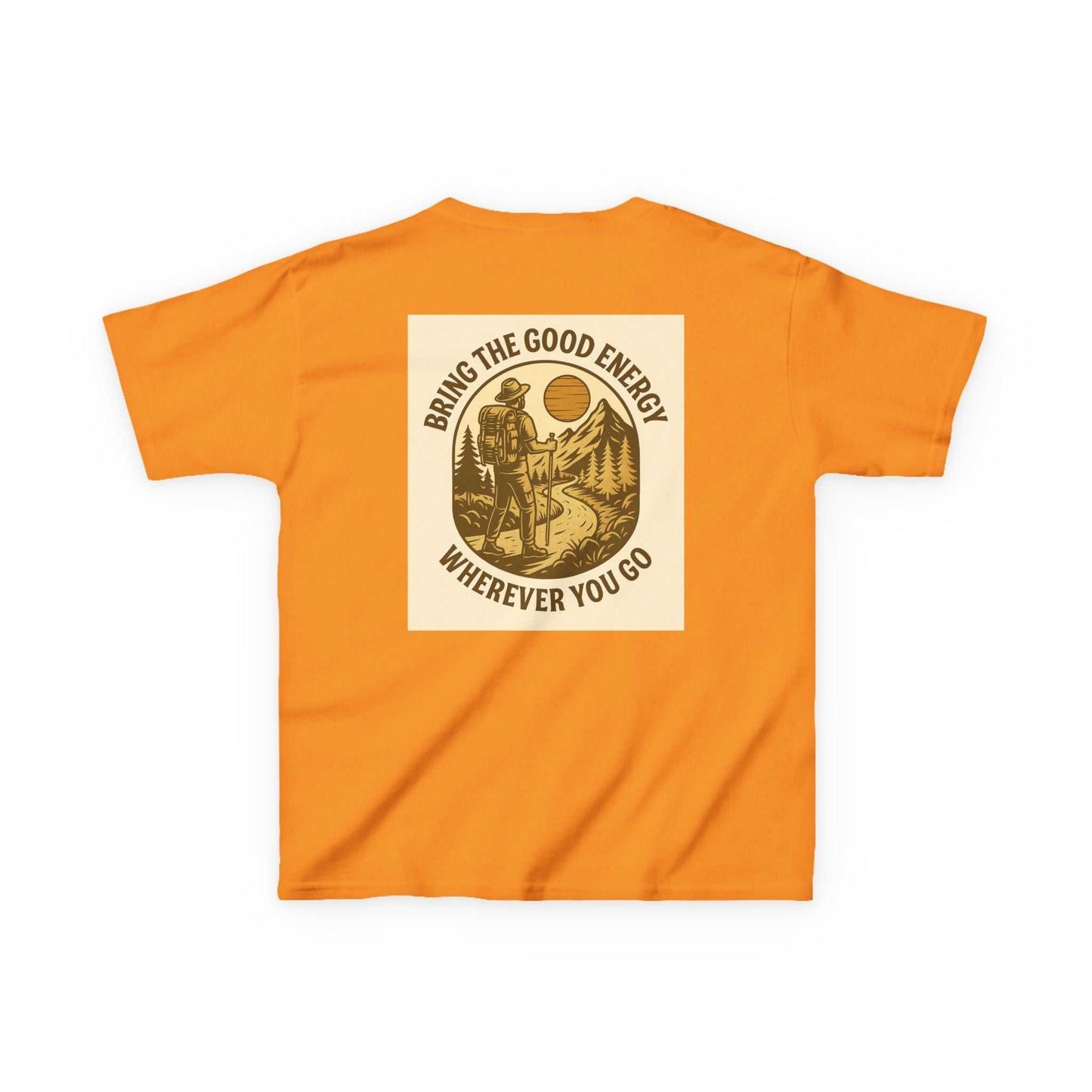 Orange Adventure Kids Tee with nature-inspired motivational print on the back.