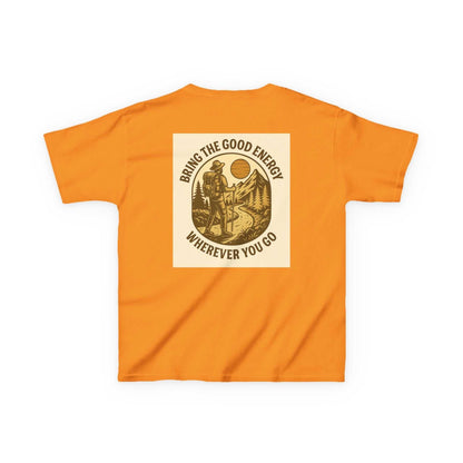 Orange Adventure Kids Tee with nature-inspired motivational print on the back.