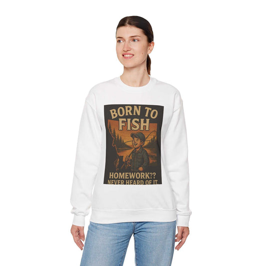 Born to Fish Sweatshirt for anglers, featuring durable cotton-poly blend and bold design.