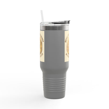 40oz insulated travel cup with positive vibes design, ergonomic handle, and leak-resistant lid.