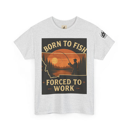 Montana Fishing Tee with "Born to Fish, Forced to Work" graphic, perfect for nature lovers.