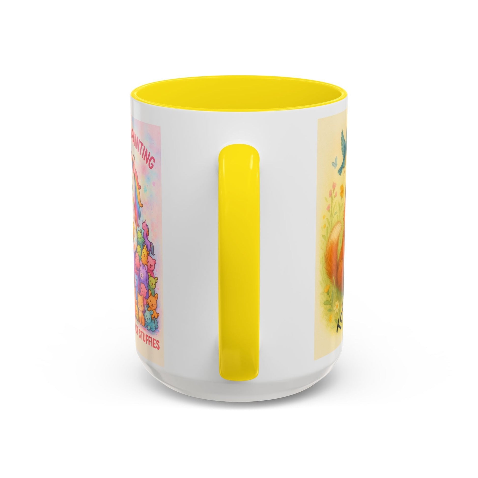 Whimsical Cat Mug with playful cat and unicorn design, vibrant colors, yellow handle.