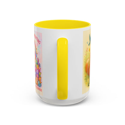 Whimsical Cat Mug with playful cat and unicorn design, vibrant colors, yellow handle.