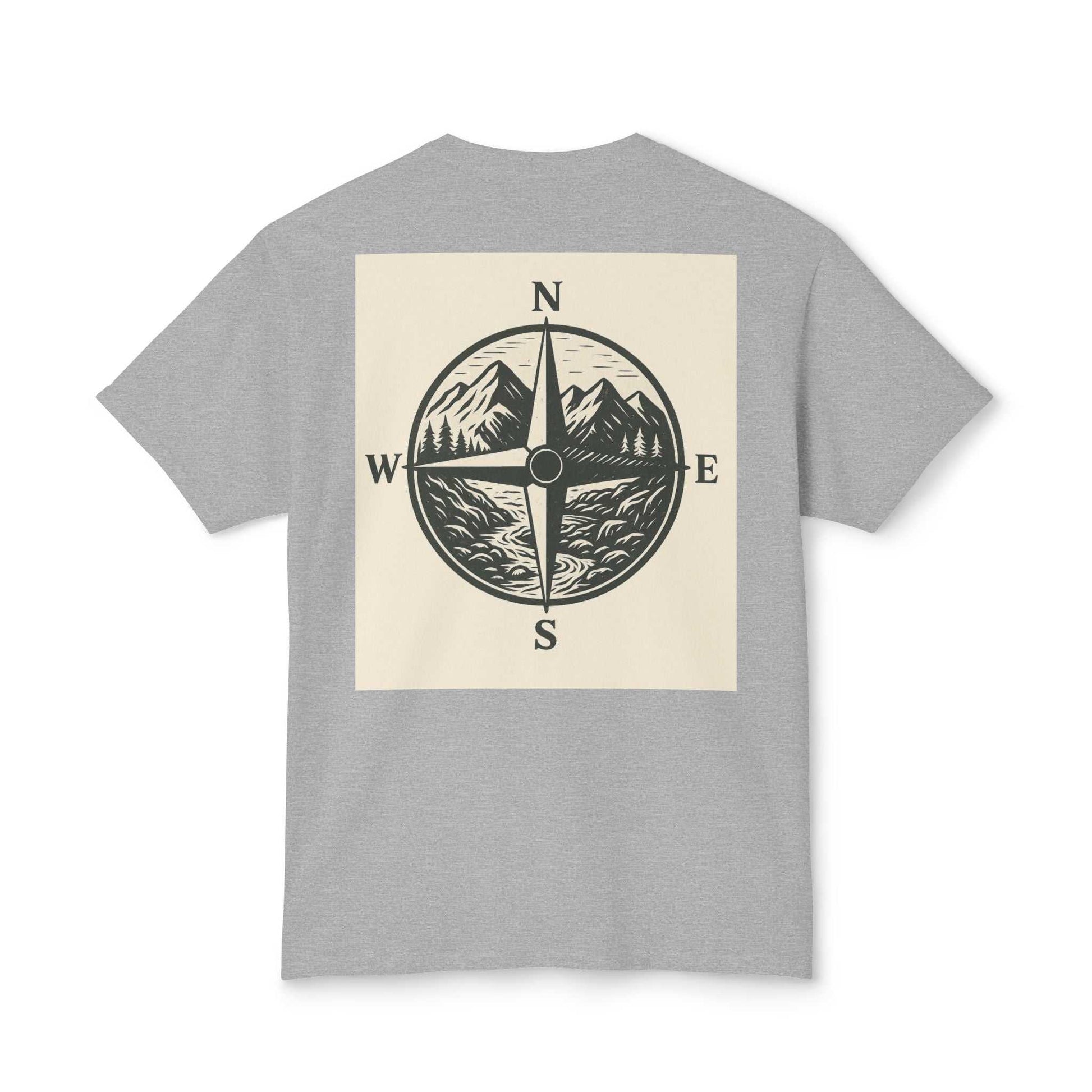 Gray Montana Adventure Tee featuring a compass and mountain design on the back, symbolizing nature and exploration.