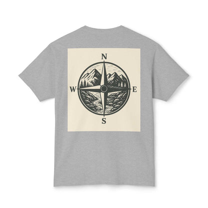 Gray Montana Adventure Tee featuring a compass and mountain design on the back, symbolizing nature and exploration.