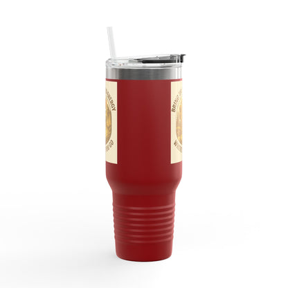 40oz insulated travel cup with positive vibes design, ergonomic handle, and leak-resistant lid.