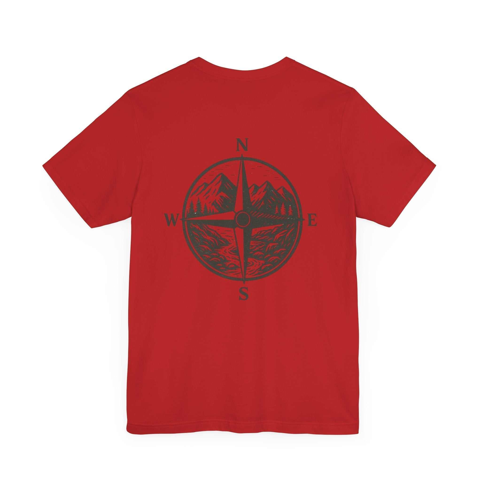 Red "Get Lost in Montana Tee" with mountain and compass graphic, perfect for outdoor enthusiasts and adventurers.