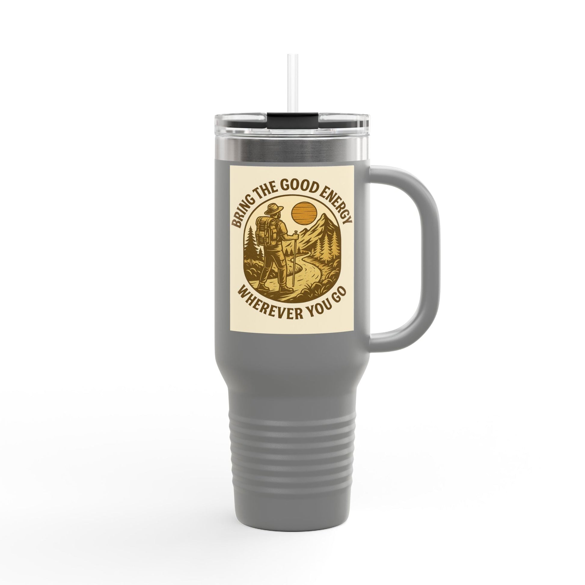 40oz insulated "Good Energy Only Mug" with ergonomic handle and leak-resistant lid.