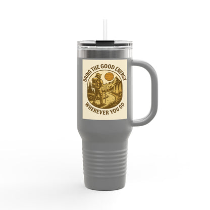 40oz insulated "Good Energy Only Mug" with ergonomic handle and leak-resistant lid.