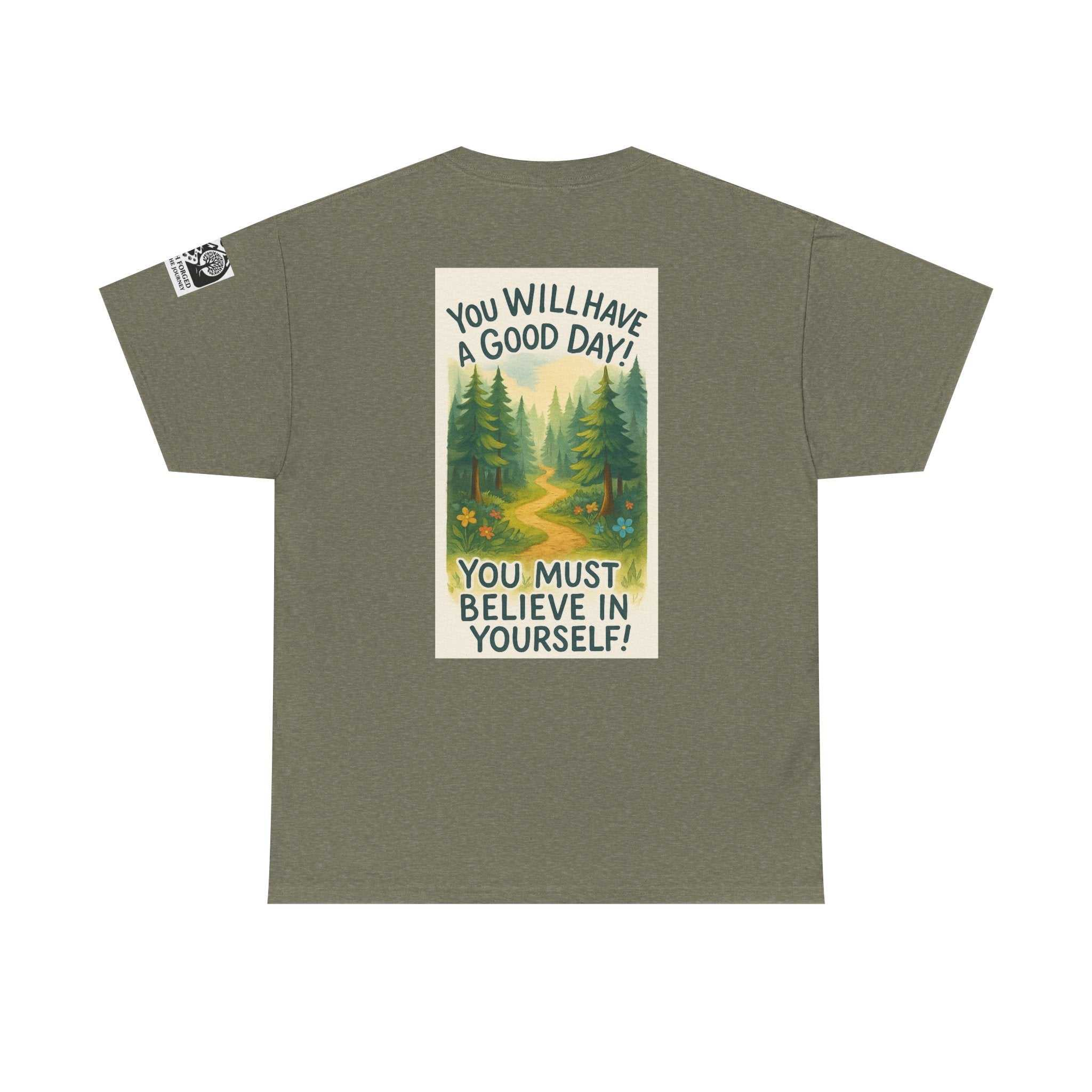 Graphic back view of olive "Get Lost in Montana Tee" with motivational forest design.