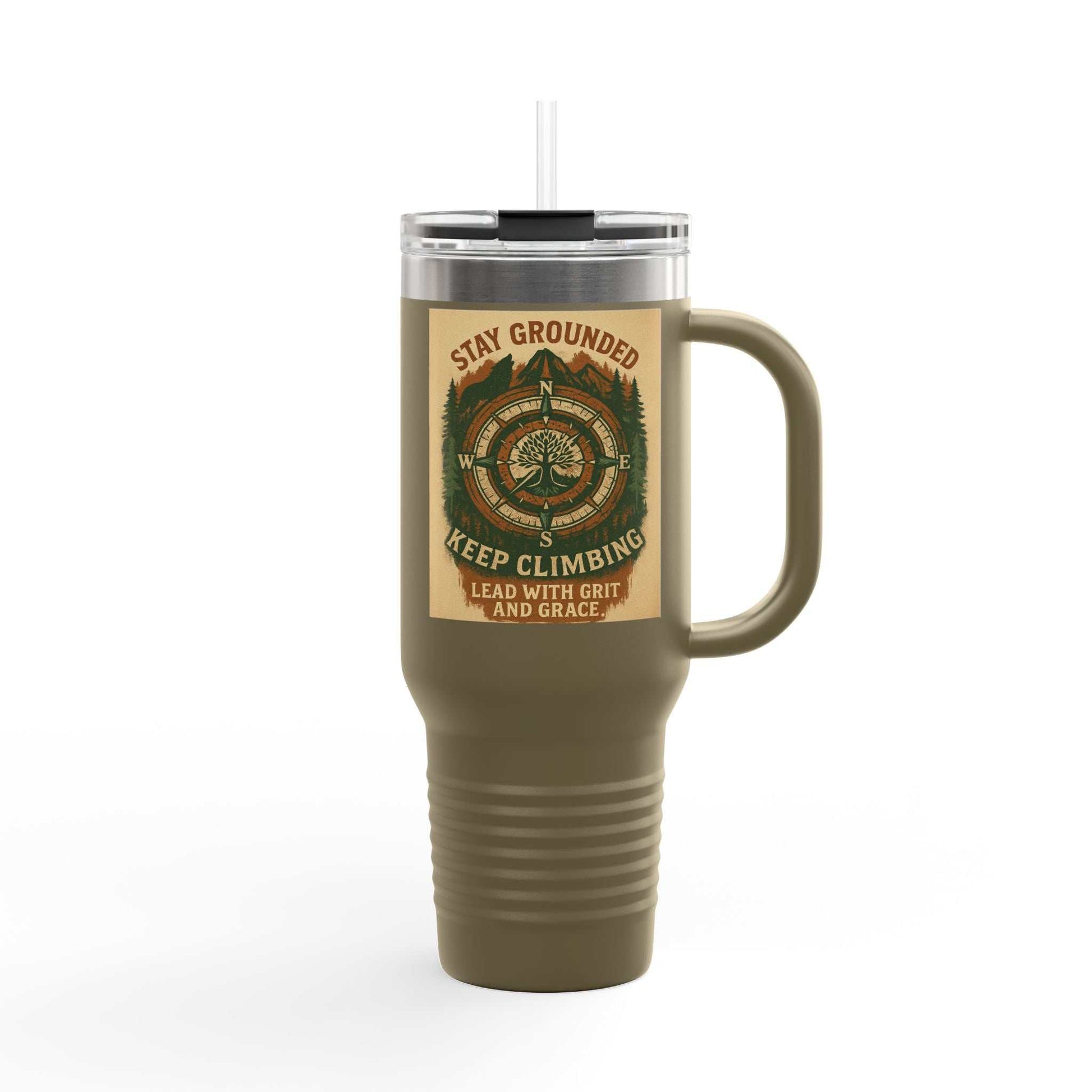 40oz insulated travel mug with handle and inspirational design for outdoor enthusiasts.