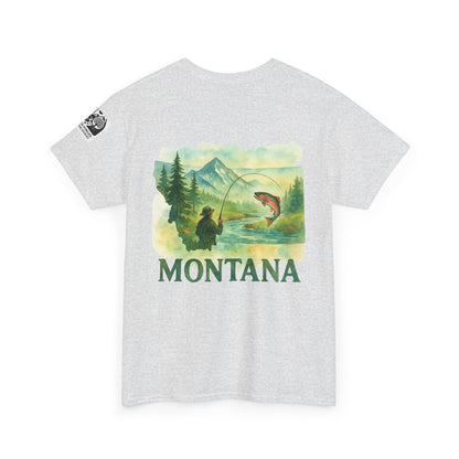 Montana Fishing Tee with nature and fishing graphic on back, perfect for anglers and nature lovers.