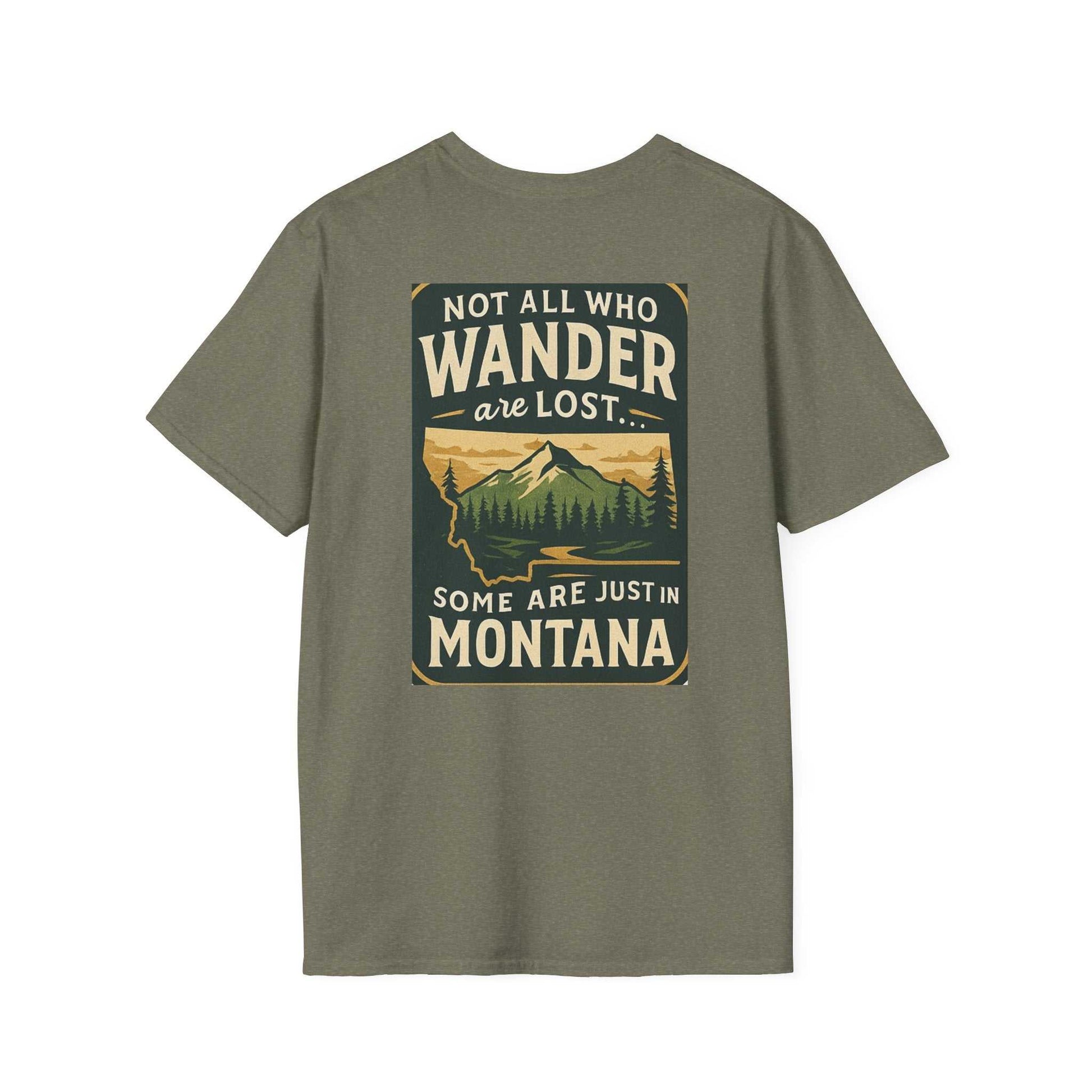 Montana Adventure Tee with wilderness graphic and vintage bear design on olive fabric.