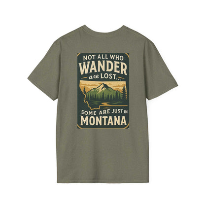 Montana Adventure Tee with wilderness graphic and vintage bear design on olive fabric.