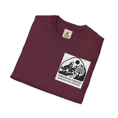 Welding Gift T-Shirt with "Strength Forged Through the Journey" graphic for metalworkers.